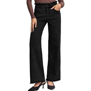 Women’s High Waisted Raw Hem Jeans Stretch Wide Leg Straight Denim